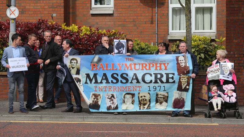 Protesters highlight the killing of ten people in three days of shooting in Ballymurphy, Belfast in 1971