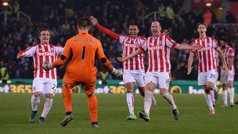 Stoke players race to celebrate with 'keeper Jack Butland