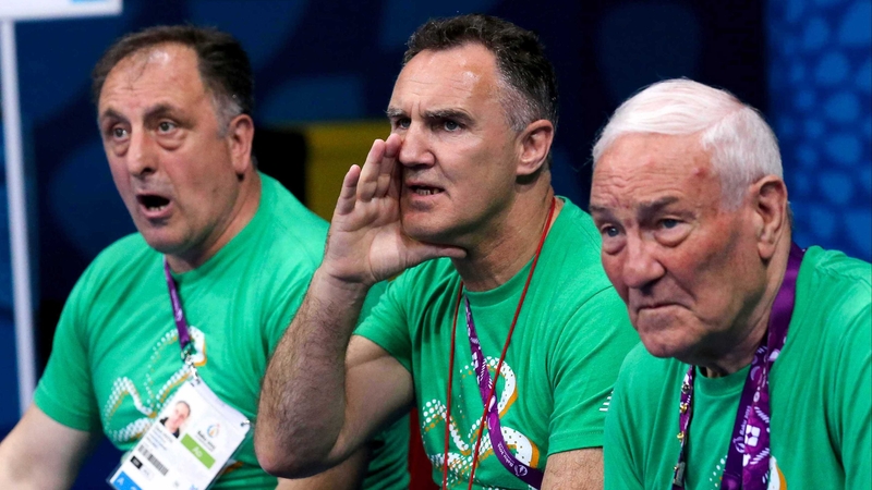 Billy Walsh (C) at the recent Baku 2015 European Games, where Ireland won gold, silver and bronze medals