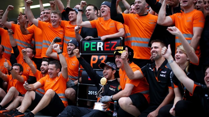 Force India celebrate Sergio Perez's third place finish in the Formula One Grand Prix of Russia in October