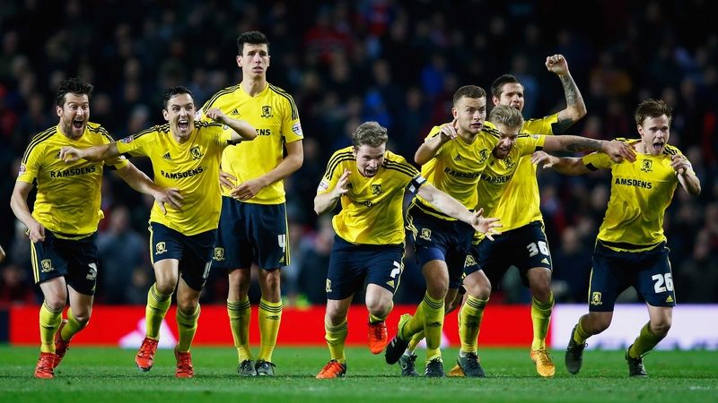 Middlesbrough players react to their penalty shoot-out victory over Manchester United