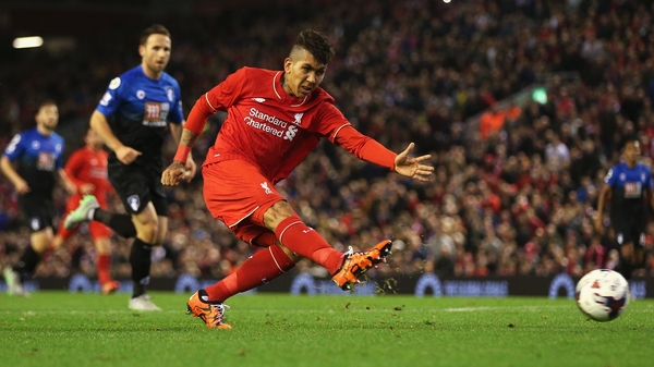Roberto Firmino shoots during the Capital One Cup match between Liverpool and Bournemouth