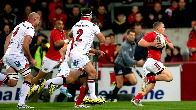 Andrew Conway breaks free to touch down for Munster