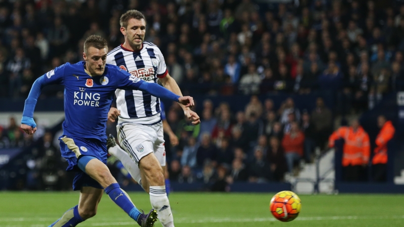 Jamie Vardy of Leicester City scores his side's third goal