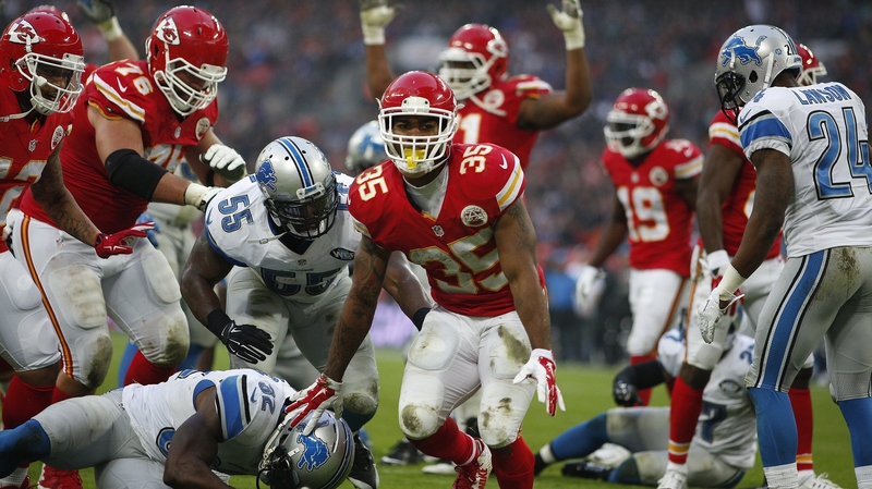 Charcandrick West, No 35, of Kansas City Chiefs celebrates his touchdown