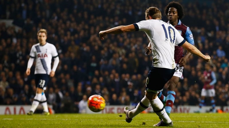 Harry Kane fires in Tottenham's third goal against Aston Villa