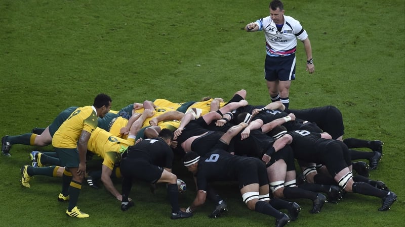 Nigel Owens keeps a watchful eye on a New Zealand scrum