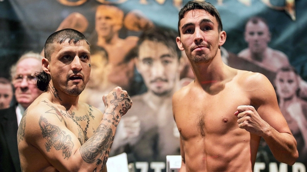 Adrian Dimas Garzon (L) and Jamie Conlan at the weigh-in ahead of their WBO Intercontinental Super-Flyweight title bout
