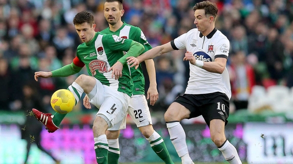 Ronan Finn and John Dunleavy fight for possession in the FAI Cup final