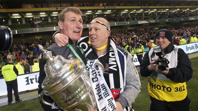 Stephen Kenny and a Dundalk fan share their delight on the Aviva pitch