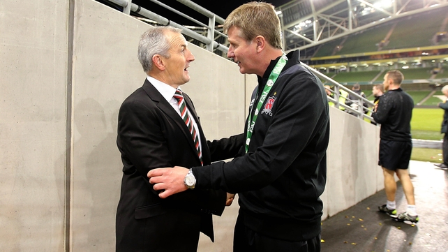 Rival managers John Caulfield and Stephen Kenny after the game