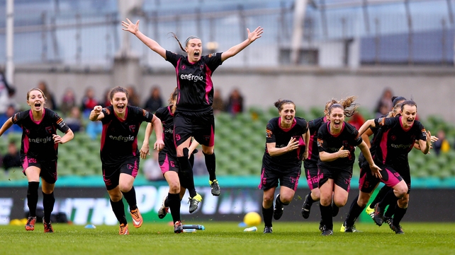 The players of Wexford Youths Women rejoice at the moment they knew the cup was theirs after a penalty shootout with Shelbourne Ladies