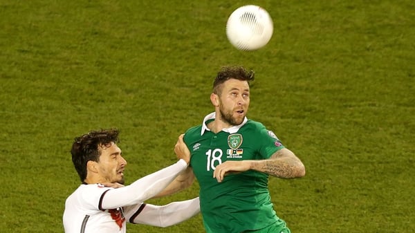 Daryl Murphy battles with Mats Hummels during Ireland's 1-0 victory at the Aviva Stadium