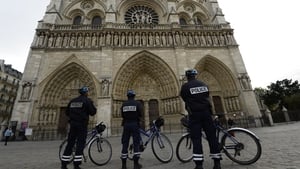 Police standing guard this morning in front of Notre-Dame de Paris Cathedral