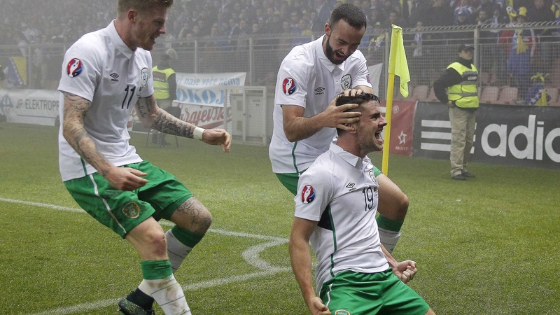 Robbie Brady, Marc Wilson and James McClean celebrate his goal against Bosnia