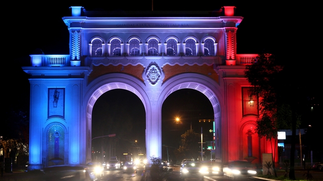 Vallarta's Arcs in Guadalajara, Mexico is lit with France's national colours