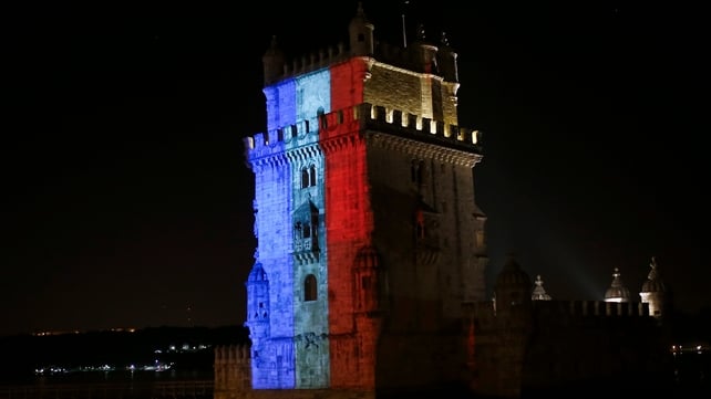 An illuminated Belem Tower in Lisbon, Portugal