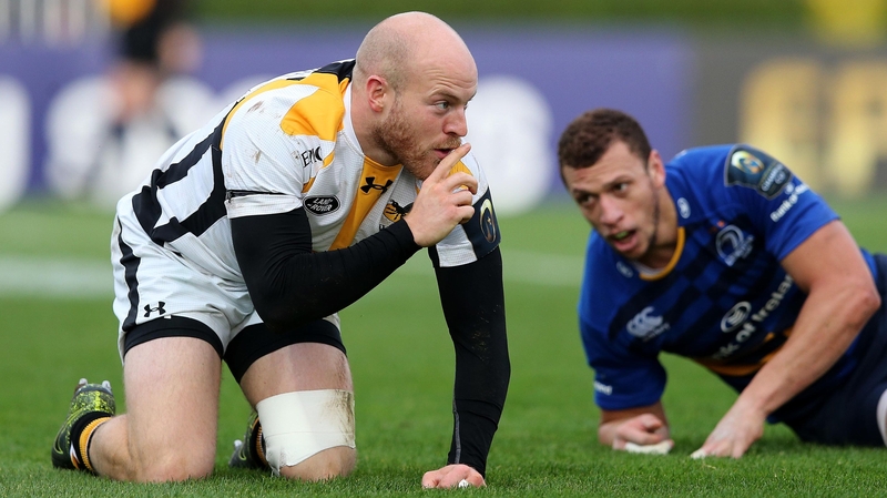 Wasps' Joe Simpson celebrates scoring their second try of the game