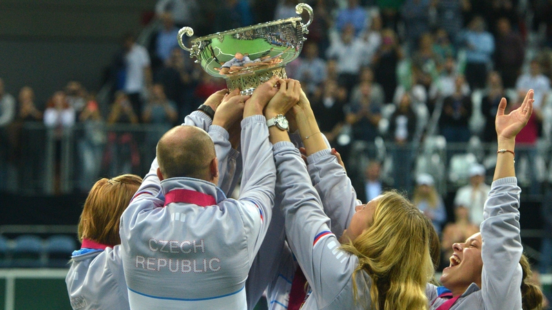 The Czech Republic team celebrate their Fed Cup success