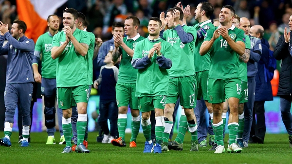 Irish players acknowledge the crowd on their lap of honour after their victory over Bosnia and Herzegovina