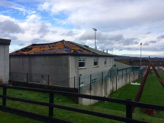 Half of the roof of Rathnew GAA club is now in the playing fields (Pic: Micheal Mac Suibhne)