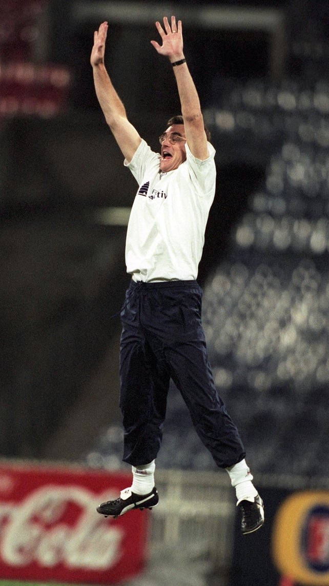 Manager Colm O'Rourke leaps high during a training session in 1999