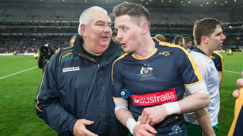 Joe Kernan with Conor McManus after Ireland's victory over Australia at Croke Park