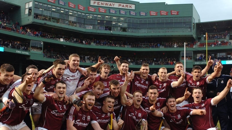 The Galway players celebrate victory after the Fenway Hurling Classic