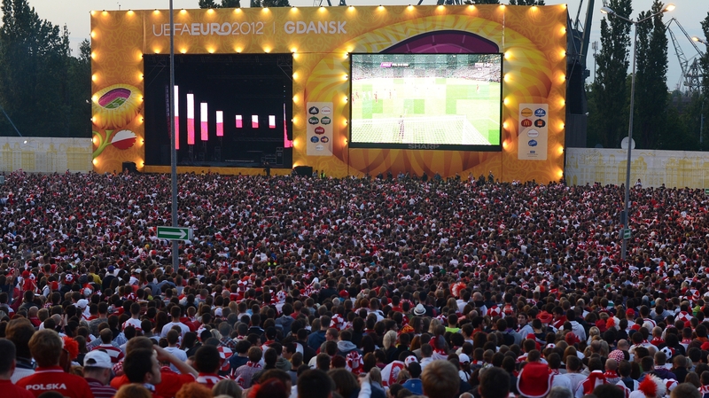 Polish fans watching their side's Euro 2012 game with Russia at the fanzone in Gdansk