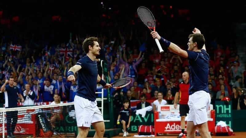 Andy Murray and Jamie Murray celebrate victory in Ghent