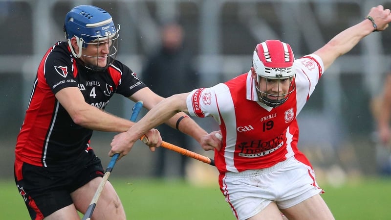 Cuala's Con O’Callaghan and Barry Kehoe of Oulart The Ballagh battle for possession