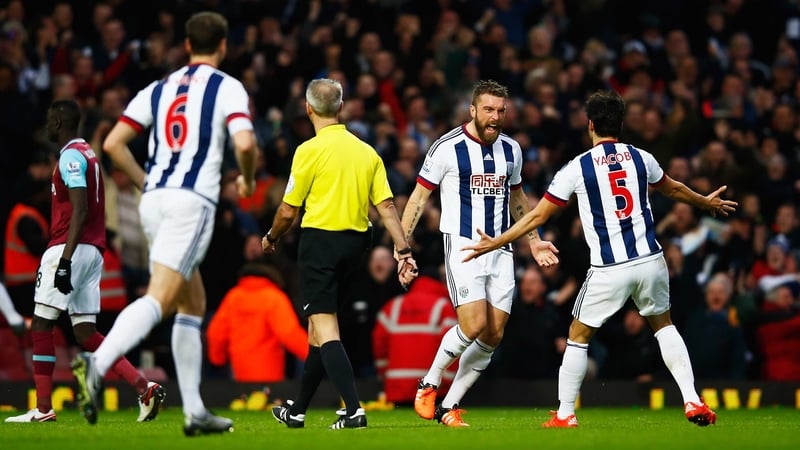 Rickie Lambert celebrates scoring the second goal of his West Brom career