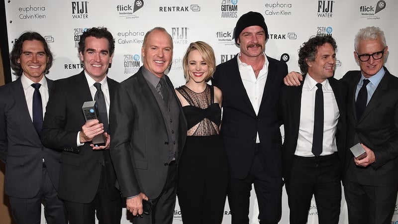 L-R Spotlight stars Billy Crudup, Brian d'Arcy James, Michael Keaton, Rachel McAdams, Liev Schreiber, Mark Ruffalo and John Slattery at the Gotham Awards