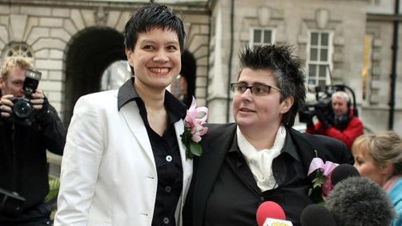 Shannon Sickles (left) and Grainne Close at Belfast city Hall after becoming the first gay couple to enter a civil partnership in the UK in 2005