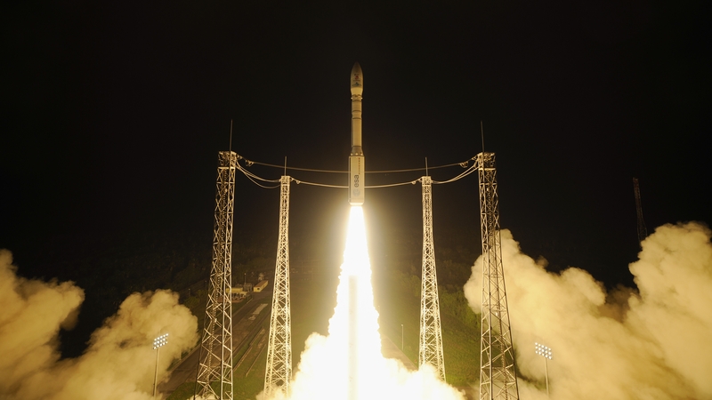 The launch lit up the night sky at the site in French Guiana