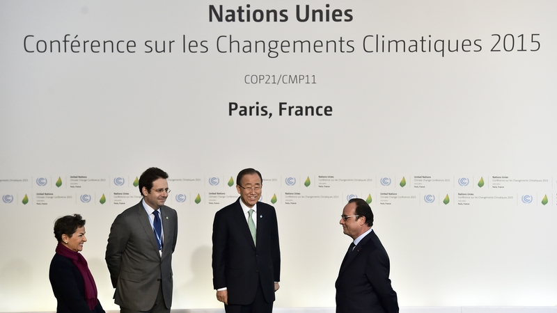 UN climate chief Christiana Figueres, French Junior minister for External Trade and Tourism Matthias Fekl, Ban Ki-moon and French President Francois Hollande