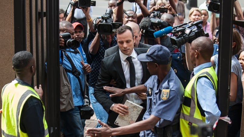 Oscar Pistorius arrives for his hearing at the South African Gauteng Division High Court in Pretoria