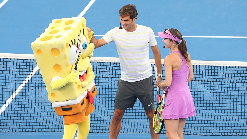 SpongeBob SquarePants, Roger Federer and Marina Hingis at an exhibition in Brisbane earlier this year