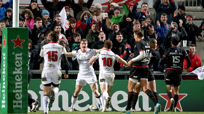 Andrew Trimble celebrates his try at the Kingspan Stadium