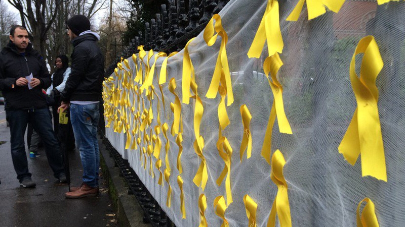 A banner with 121 ribbons to mark each week Ibrahim Halawa has spent in jail