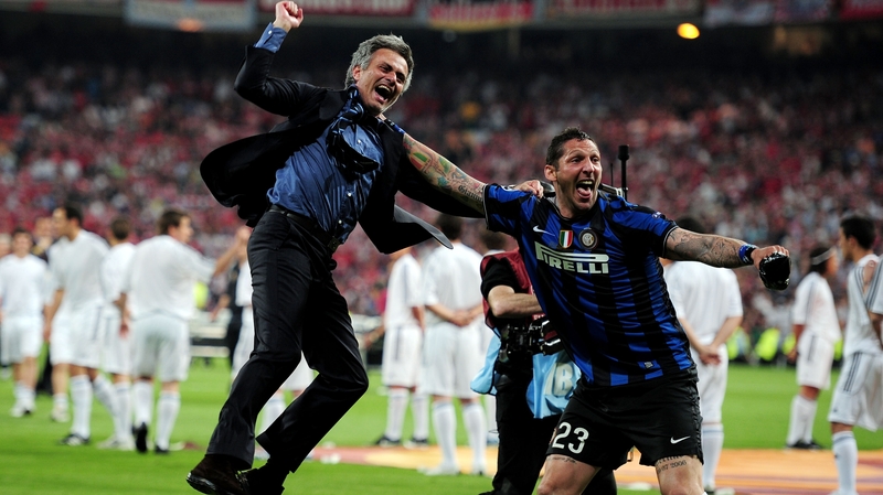 Jose Mourinho celebrates after winning the Champions League with Inter Milan in 2010