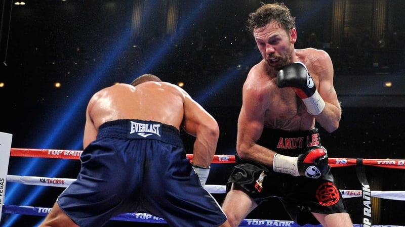 Matt Korobov (L) and Andy Lee during their fight for the WBO middleweight title in Las Vegas last December