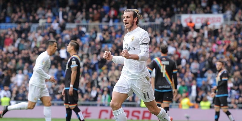 Gareth Bale celebrates the second of his four goals against Rayo Vallecano