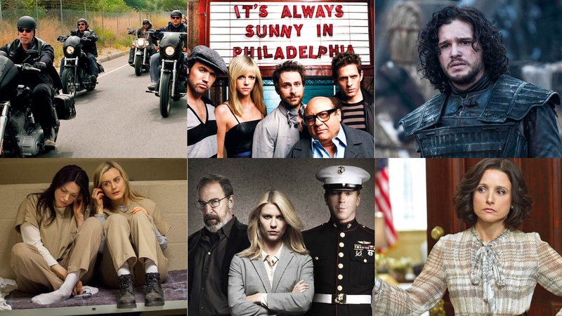 Clockwise from top left: Sons of Anarchy, It's Always Sunny in Philadelphia, Game of Thrones, VEEP, Homeland, Orange is the New Black