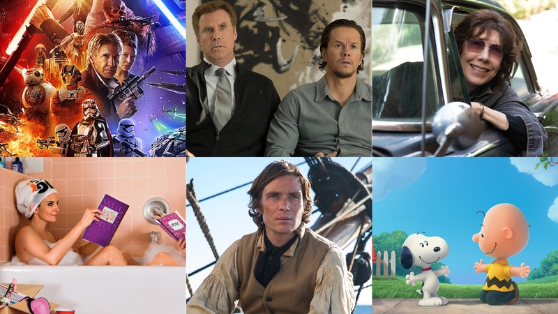 Clockwise from top left: Star Wars: The Force Awakens, Daddy's Home, Grandma, The Peanuts Movie, In The Heart of the Sea, Sister