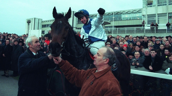 Tom Treacy celebrates winning the Denny Gold Medal Chase on Danoli in 1996