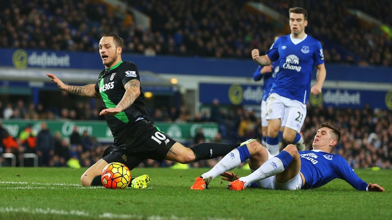 Marko Arnautovic of Stoke City is fouled by John Stones of Everton for the decisive penalty