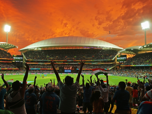 Indian fans celebrate during the 2015 ICC Cricket World Cup match between India and Pakistan at Adelaide Oval