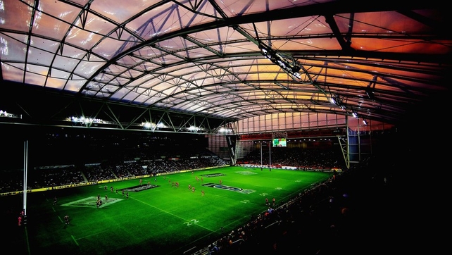 Forsyth Barr Stadium in Dunedin, New Zealand hosts the Super Rugby match between the Highlanders and the Crusaders