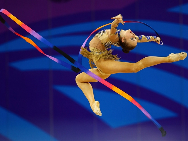 Marina Durunda of Azerbaijan competes during the Rhythmic 
Gymnastics Individual Ribbon final at the 2015 European Games in Baku